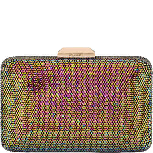 A multifaceted multi coloured crystal clutch with hues of metallic khaki green,and rich magenta pink in a hard case east west clutch. Designed by Olga Berg and available online and instore at ShoeBeDoo Official Olga Berg Stockist in Australia and New Zealand
