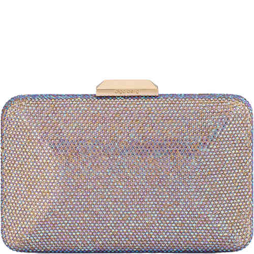 A multifaceted multi coloured crystal clutch with hues of taupe, pale blue, magenta, lilac and chartreuse in a hard case east west clutch. Designed by Olga Berg and available online and instore at ShoeBeDoo Official Olga Berg Stockist in Australia and New Zealand