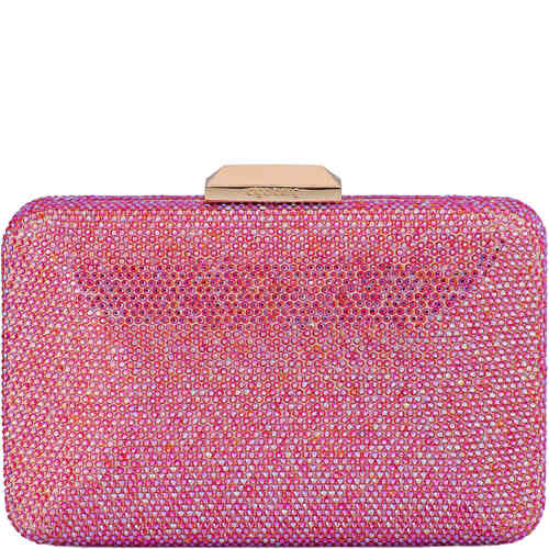 A multifaceted multi coloured crystal clutch with hues of pink, orange, lilac and chartreuse in a hard case east west clutch. Designed by Olga Berg and available online and instore at ShoeBeDoo Official Olga Berg Stockist in Australia and New Zealand