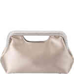 an east west clutch made from matte light taupe satin with a hard frame on the top that is made up of tiny clear crystals. Designed by Olga Berg and available online and instore at ShoeBeDoo Official Olga Berg Stockist in Australia and New Zealand