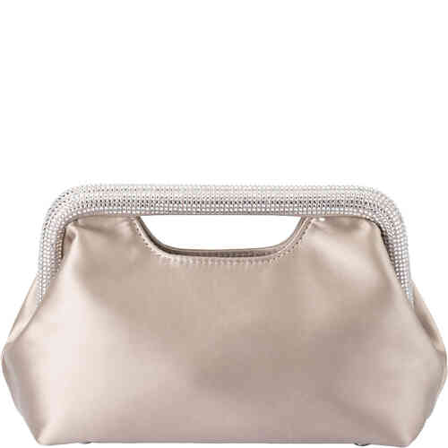 an east west clutch made from matte light taupe satin with a hard frame on the top that is made up of tiny clear crystals. Designed by Olga Berg and available online and instore at ShoeBeDoo Official Olga Berg Stockist in Australia and New Zealand