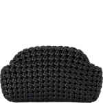 A soft hand woven textured clutch bag that is all matt black, made from soft vegan leather, and features multiple chains to wear at different lengths. Designed by Olga Berg and available online and instore at ShoeBeDoo Official Olga Berg Stockist in Australia and New Zealand