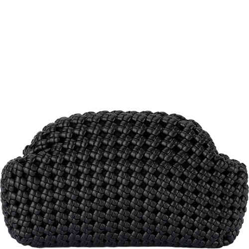 A soft hand woven textured clutch bag that is all matt black, made from soft vegan leather, and features multiple chains to wear at different lengths. Designed by Olga Berg and available online and instore at ShoeBeDoo Official Olga Berg Stockist in Australia and New Zealand