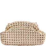 A soft hand woven textured gold clutch bag that is all shiny gold, made from soft vegan leather, and features multiple chains to wear at different lengths. Designed by Olga Berg and available online and instore at ShoeBeDoo Official Olga Berg Stockist in Australia and New Zealand