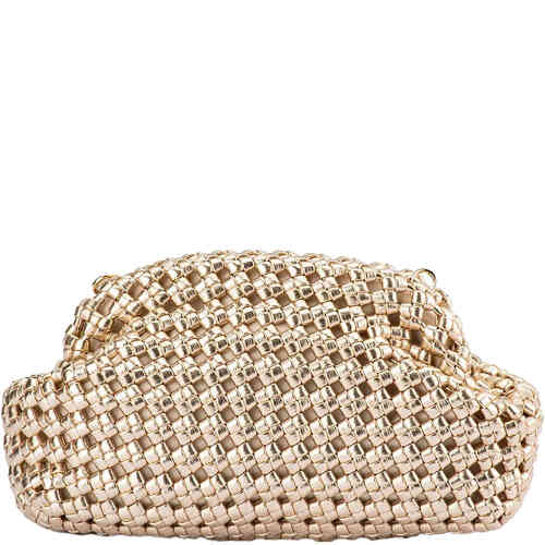 A soft hand woven textured gold clutch bag that is all shiny gold, made from soft vegan leather, and features multiple chains to wear at different lengths. Designed by Olga Berg and available online and instore at ShoeBeDoo Official Olga Berg Stockist in Australia and New Zealand