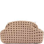 A soft hand woven textured taupe clutch bag that is a stunning natural colour, made from soft vegan leather, and features multiple chains to wear at different lengths. Designed by Olga Berg and available online and instore at ShoeBeDoo Official Olga Berg Stockist in Australia and New Zealand