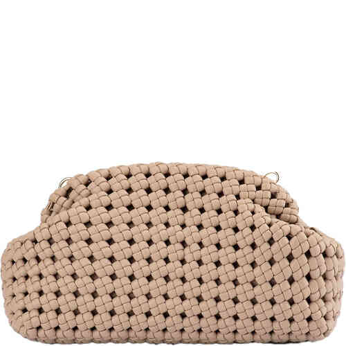 A soft hand woven textured taupe clutch bag that is a stunning natural colour, made from soft vegan leather, and features multiple chains to wear at different lengths. Designed by Olga Berg and available online and instore at ShoeBeDoo Official Olga Berg Stockist in Australia and New Zealand