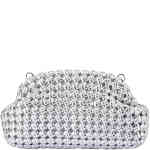 A soft hand woven textured white clutch bag that is all shiny silver, made from soft vegan leather, and features multiple chains to wear at different lengths. Designed by Olga Berg and available online and instore at ShoeBeDoo Official Olga Berg Stockist in Australia and New Zealand