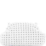 A soft hand woven textured white clutch bag that is all matt black, made from soft vegan leather, and features multiple chains to wear at different lengths. Designed by Olga Berg and available online and instore at ShoeBeDoo Official Olga Berg Stockist in Australia and New Zealand