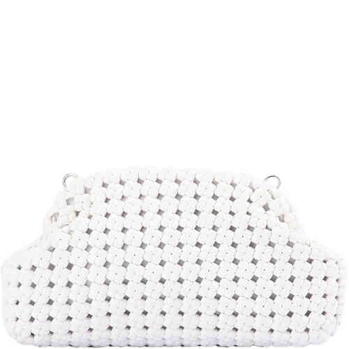 A soft hand woven textured white clutch bag that is all matt black, made from soft vegan leather, and features multiple chains to wear at different lengths. Designed by Olga Berg and available online and instore at ShoeBeDoo Official Olga Berg Stockist in Australia and New Zealand