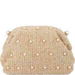 This is a crescent shaped dome bag made from soft woven textile, adorned with pearls. Roomy and so pretty! Designed by Olga Berg and available online and instore at ShoeBeDoo Official Olga Berg Stockist in Australia and New Zealand