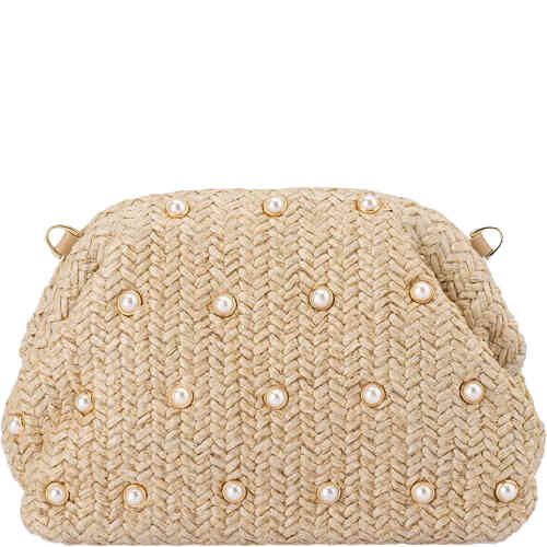 This is a crescent shaped dome bag made from soft woven textile, adorned with pearls. Roomy and so pretty! Designed by Olga Berg and available online and instore at ShoeBeDoo Official Olga Berg Stockist in Australia and New Zealand