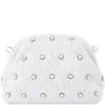 This is a crescent shaped dome bag made from soft woven textile, adorned with pearls. Roomy and so pretty!