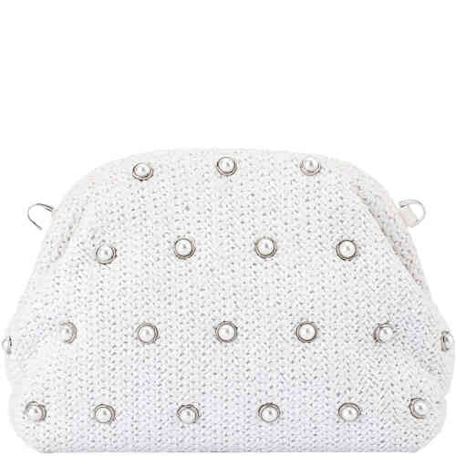 This is a crescent shaped dome bag made from soft woven textile, adorned with pearls. Roomy and so pretty!