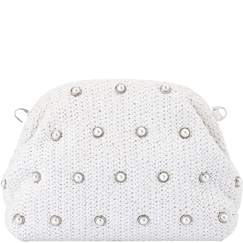 Olga-Berg-kaia-studded-woven-clutch-White-OB4853-buy-Olga-BErg-Online-Instore-at-ShoeBeDoo-Official-Stockist-1 This is a crescent shaped dome bag made from soft woven textile, adorned with pearls. Roomy and so pretty!