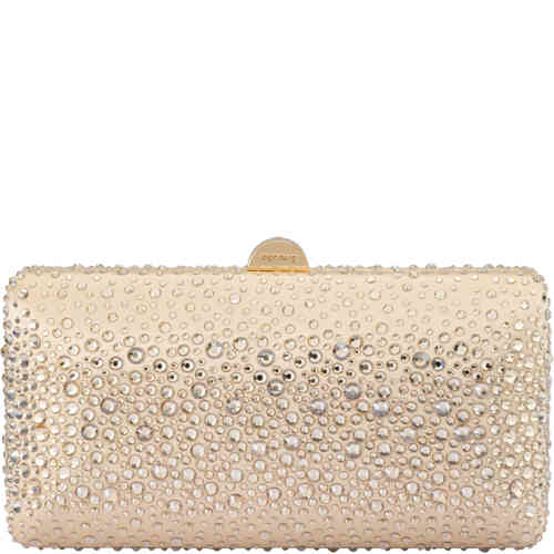 Olga Berg Kira Champagne Crystal Hotfix Crystal Clutch is a large east west hard case clutch covered in a graduated design of soft gold crystals for maximum impact. Designed by Olga Berg and available online and instore at ShoeBeDoo Official Olga Berg Stockist in Australia and New Zealand