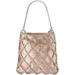 This is a pouch style bag with a short top handle, in a north south design of soft taupe satin, covered in a crystal cage of sparkling glass crystals. Designed by Olga Berg and available online and instore at ShoeBeDoo Official Olga Berg Stockist in Australia and New Zealand