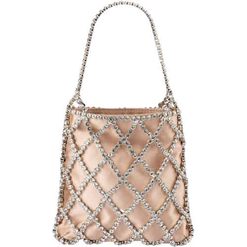 This is a pouch style bag with a short top handle, in a north south design of soft taupe satin, covered in a crystal cage of sparkling glass crystals. Designed by Olga Berg and available online and instore at ShoeBeDoo Official Olga Berg Stockist in Australia and New Zealand