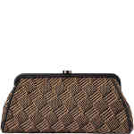 A lightly supersized triangular shape inspired r retro style framed clutch bag, made from a woven pattern of black with tan textile. Designed by Olga Berg and available online and instore at ShoeBeDoo Official Olga Berg Stockist in Australia and New Zealand