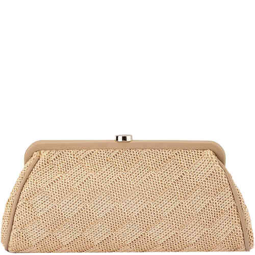 A lightly supersized triangular shape inspired retro style framed clutch bag, made from a woven pattern of natural tan textile. Designed by Olga Berg and available online and instore at ShoeBeDoo Official Olga Berg Stockist in Australia and New Zealand