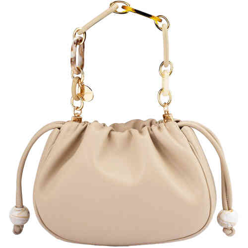 A soft natural coloured vegan leather slouch bag with rounded bottom, a drawstring top closure with beads on the toggles, and two separate straps (long) and a feature acrylic chain. Designed by Olga Berg and available online and instore at ShoeBeDoo Official Olga Berg Stockist in Australia and New Zealand