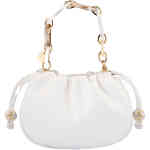 A soft white vegan leather slouch bag with rounded bottom, a drawstring top closure with beads on the toggles, and two separate straps (long) and a feature acrylic chain. Designed by Olga Berg and available online and instore at ShoeBeDoo Official Olga Berg Stockist in Australia and New Zealand