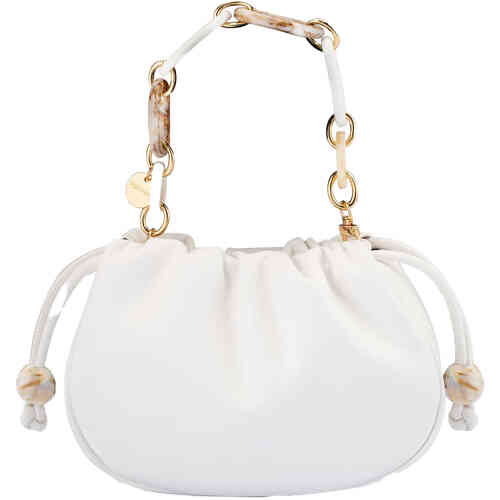 A soft white vegan leather slouch bag with rounded bottom, a drawstring top closure with beads on the toggles, and two separate straps (long) and a feature acrylic chain. Designed by Olga Berg and available online and instore at ShoeBeDoo Official Olga Berg Stockist in Australia and New Zealand