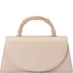 A standout mini bag with bamboo top handle, gold hardware, and a superb retro triangular silhouette coloured in an elegant light taupe colour. Designed by Olga Berg and available online and instore at ShoeBeDoo Official Olga Berg Stockist in Australia and New Zealand