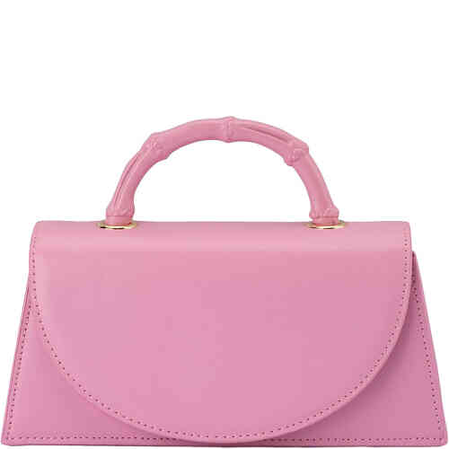 A standout mini bag with bamboo top handle, gold hardware, and a superb retro triangular silhouette coloured in a musk lifesaver coloured pink. Designed by Olga Berg and available online and instore at ShoeBeDoo Official Olga Berg Stockist in Australia and New Zealand