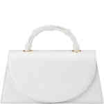 A standout mini bag with bamboo top handle, gold hardware, and a superb retro triangular silhouette.