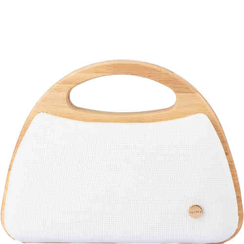 A dome shaped mini bag with a textile front and back and a superb dome shaped wooden frame from the handles all the way around the sides. Designed by Olga Berg and available online and instore at ShoeBeDoo Official Olga Berg Stockist in Australia and New Zealand