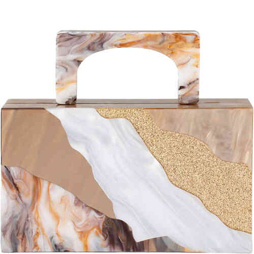 An acrylic hard case in an east west design with a hard acrylic carved top hand. The front is a swirl of marble effect taupe white, and gold glitter. Designed by Olga Berg and available online and instore at ShoeBeDoo Official Olga Berg Stockist in Australia and New Zealand