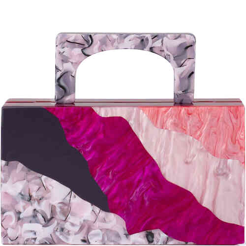 An acrylic hard case in an east west design wit ha hard acrylic carved top hand. The front is a swirl of marble effect coral pink, soft pink and rich magenta pink swathes against black. Designed by Olga Berg and available online and instore at ShoeBeDoo Official Olga Berg Stockist in Australia and New Zealand