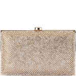 A hard case clutch covered in a mesh of silver and gold crystals in a mesh effect, with a hard gold frame. Designed by Olga Berg and available online and instore at ShoeBeDoo Official Olga Berg Stockist in Australia and New Zealand