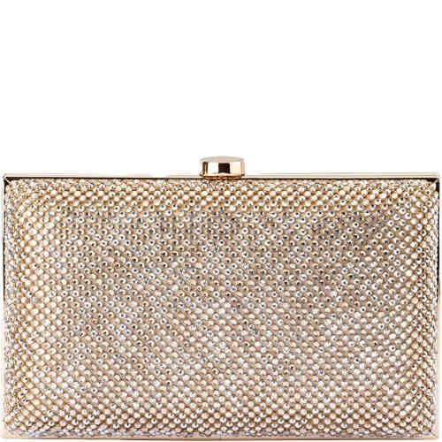A hard case clutch covered in a mesh of silver and gold crystals in a mesh effect, with a hard gold frame. Designed by Olga Berg and available online and instore at ShoeBeDoo Official Olga Berg Stockist in Australia and New Zealand
