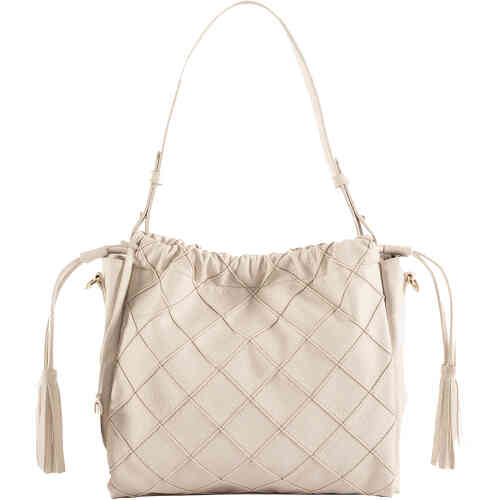 A stunning mid to large sized shoulder bag in soft cream with a quilted exterior, tassled drawstrings to close, and two shoulder straps. ShoeBeDoo is an official stockist of Australian designed Liv & Milly vegan bags in Australia and New Zealand.