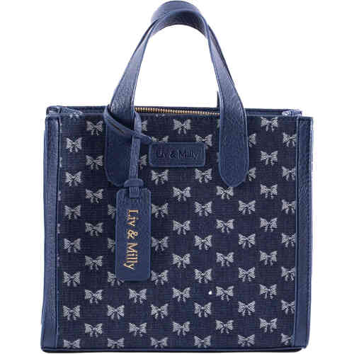 A dark cotton denim bag with lighter denim bows, this is square, opens up wide, has two top handles and is really adorable. ShoeBeDoo is an official stockist of Australian designed Liv & Milly vegan bags in Australia and New Zealand.