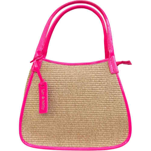A curved bag from base to top, made from woven raffia on the front and sides, and with hot pink glossy patent PU leather on the trim and the handles. Stunning! ShoeBeDoo is an official stockist of Australian designed Liv & Milly vegan bags in Australia and New Zealand.