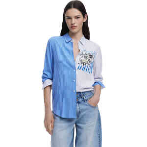 A long length long sleeve loose and draped long sleeve button up collar in the colours of Greece - beautiful blue and white. ShoeBeDoo is an authorised retailer of Desigual in Australia and New Zealand