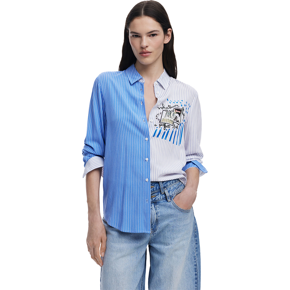 A long length long sleeve loose and draped long sleeve button up collar in the colours of Greece - beautiful blue and white. ShoeBeDoo is an authorised retailer of Desigual in Australia and New Zealand
