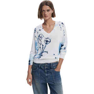 A long sleeve sweater in a light weight material with a v-neck, and stunning ice blue and navy artful poppies all over. ShoeBeDoo is an authorised retailer of Desigual and stockist in Australia and New Zealand