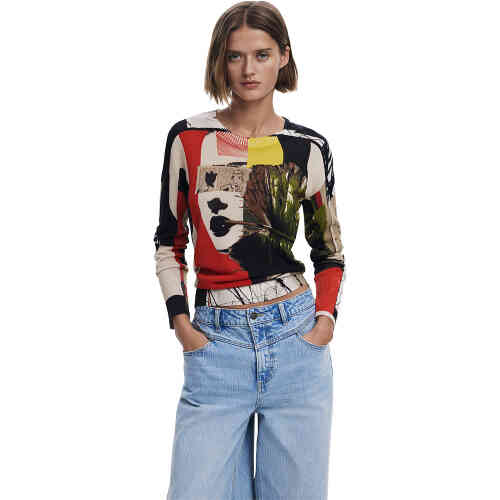 A long sleeve sweater in a light weight material with a round neck and artfully designed in graphic prints and newspaper print graphics in black white taupe, red yellow and khaki. ShoeBeDoo is an authorised retailer of Desigual and stockist in Australia and New Zealand