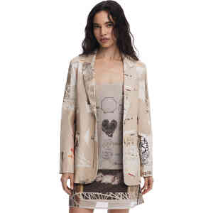 A mid hip length jacket made from soft cotton in a camel, with artwork by christian lacroix in black, and soft newspaper prints all over. ShoeBeDoo is an authorised retailer stockist of Desigual clothing in Australia and New Zealand