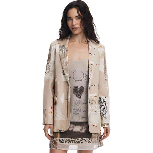 A mid hip length jacket made from soft cotton in a camel, with artwork by christian lacroix in black, and soft newspaper prints all over. ShoeBeDoo is an authorised retailer stockist of Desigual clothing in Australia and New Zealand