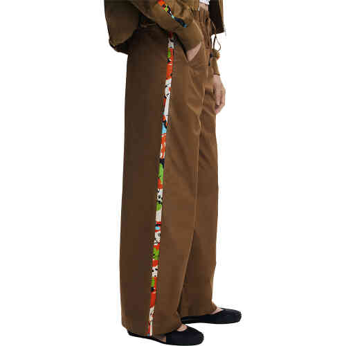 A long length, wide leg, drawstring waisted trousers in a rich olive colour, with a narrow panel on each side of a Christian Lacroix print in tangerine, blue, green and cream. ShoeBeDoo is an authorised retailer of Desigual Clothing in Australia and New Zealand