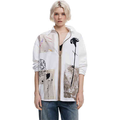 A white shirt with collar, long sleeves and buttons that is adorned with hand drawn graphics and newspaper prints in taupe and black on a white shirt background. Designed by Desigual in Spain and available in Australia and New Zealand online and instore at ShoeBeDoo Official Stockist