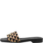 A flat slide with a small stack heel of only 1cm and a band over the toes of triangular patchwork of black and alternate tan in a raffia fabric. ShoeBeDoo is an authorised retailer of Django & Juliette Shoes Sandals Slides and heels in Australia and New Zealand