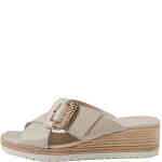 A wedge slide where the wedge is a combo of a bleached stacked leather and a braid of espadrille. The upper is a natural coloured crossover wide straps and there is a statement buckle .ShoeBeDoo is an authorised stockist of Django & Juliette in Australia and New Zealand