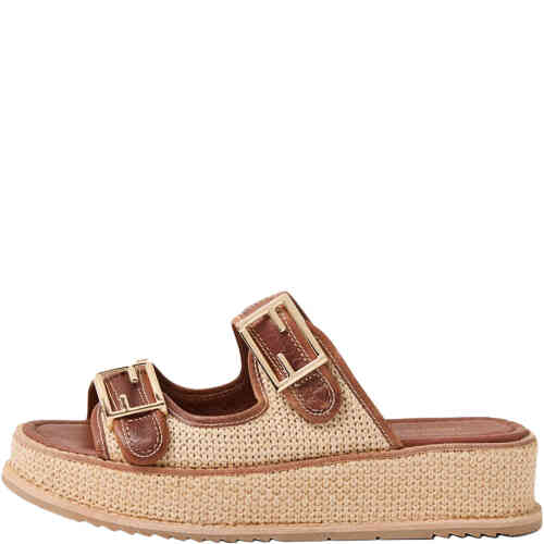 A flatform slide with a two strap with sides in style, back out. The upper is made from soft raffia like textile with the underfoot and the trim around all edges in chocolate leather. The two feature gold buckets are affixed with velcro. `shoeBeDoo is an authorised stockist of Django & Juliette in Australia and New Zealand