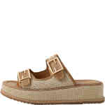 A flatform slide with a two strap with sides in style, back out. The upper is made from soft raffia like textile with the underfoot and the trim around all edges in light tan leather. The two feature gold buckets are affixed with velcro. ShoeBeDoo is an authorised stockist of Django & Juliette in Australia and New Zealand